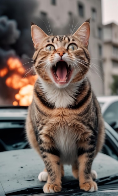 Foto el felino se asusta del inquietante grito del gato gritón