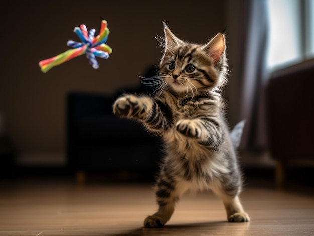 Foto felino brincalhão saltando no ar em busca de um brinquedo de penas