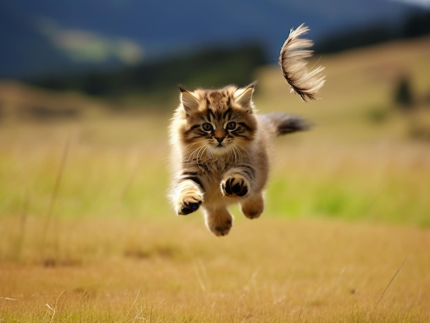 Foto felino brincalhão saltando no ar em busca de um brinquedo de penas