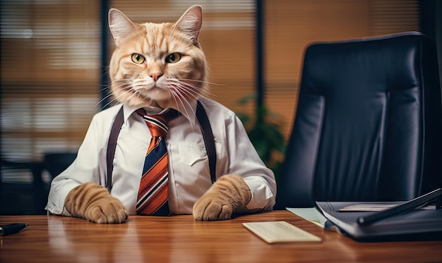 Foto felino elegante em um terno estiloso sentado trabalhando em uma mesa de escritório gato de negócios focado em um laptop em um ambiente de escritório sofisticado ai generative