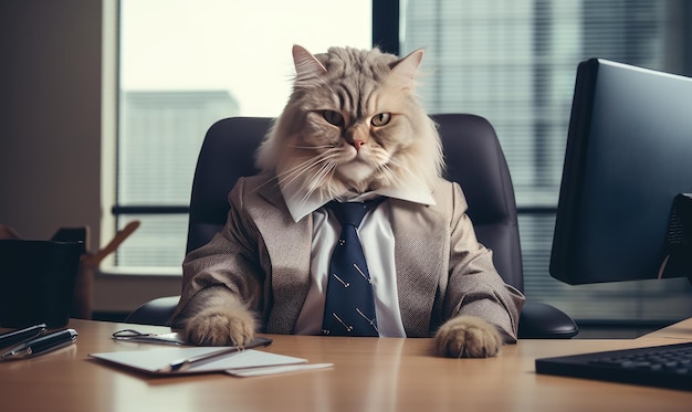 Foto felino elegante em um terno estiloso sentado trabalhando em uma mesa de escritório gato de negócios focado em um laptop em um ambiente de escritório sofisticado criado com ferramentas generativas de ia