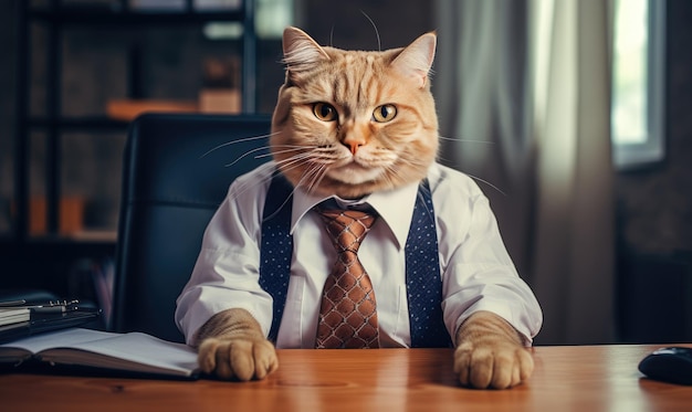 Un felino elegante con un traje elegante sentado trabajando en un escritorio de oficina Un gato de negocios centrado en una computadora portátil en un entorno de oficina sofisticado AI generativo