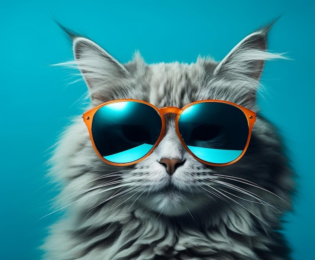 Felino con estilo en gafas de sol sobre un fondo azul IA generativa