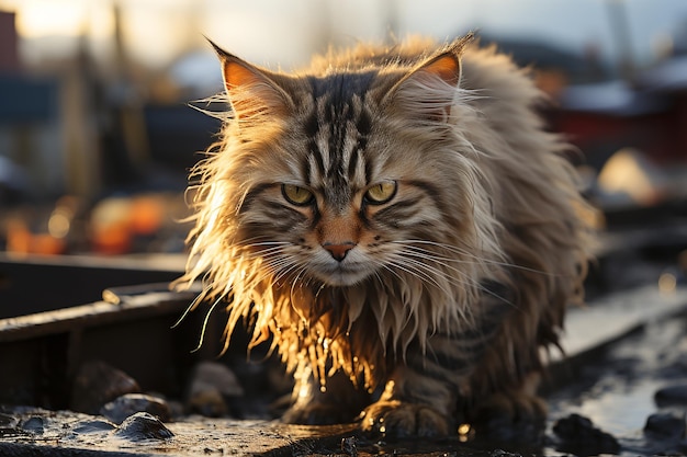 Felino feroz Gato enojado en vista panorámica