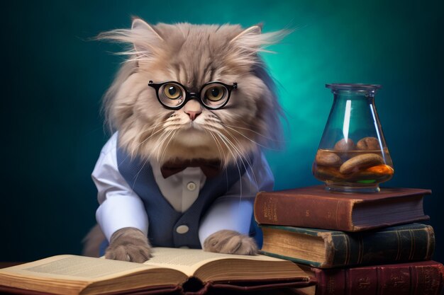 Foto el felino intelectual un científico inteligente rodeado de libros sobre un encantador fondo de colores