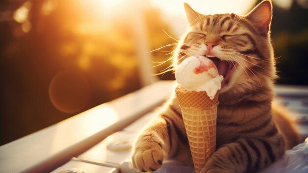 El felino juguetón disfruta del helado el gato divertido