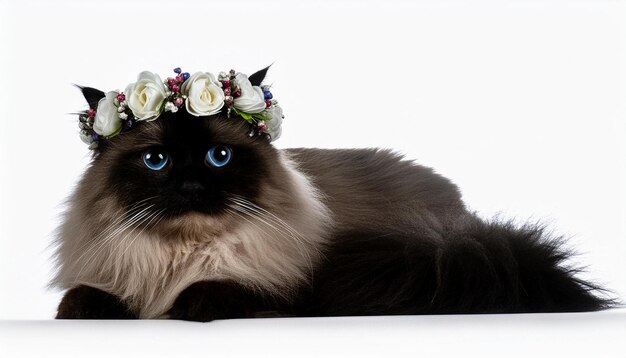 Foto un felino persa esponjoso con ojos azules hipnóticos que lleva una delicada corona de flores