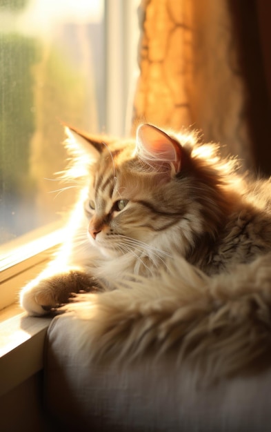 Un felino relajado disfrutando de la vista por la ventana