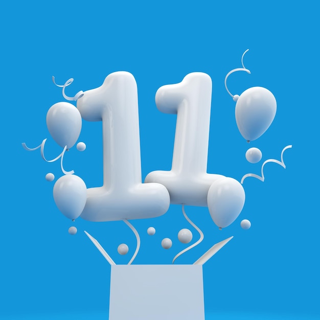 Feliz 11 cumpleaños sorpresa globo y caja 3D Rendering
