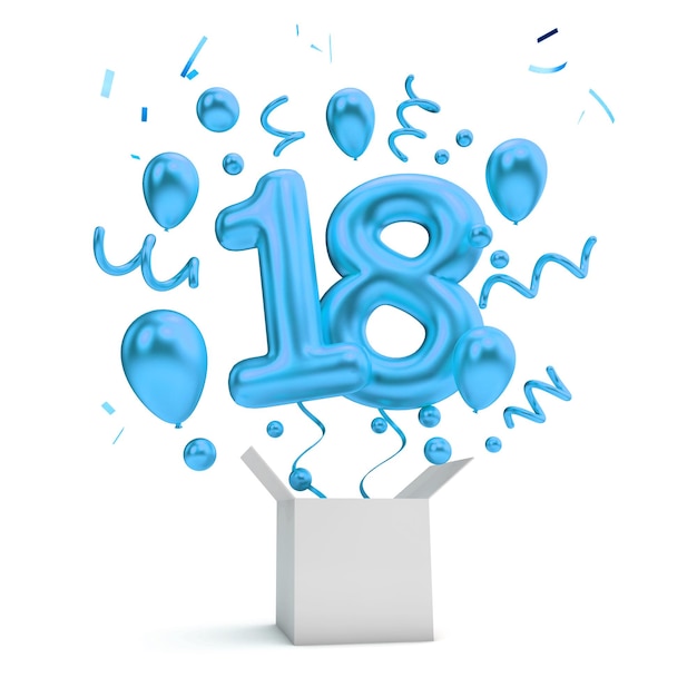 Feliz 18 cumpleaños globo sorpresa azul y caja 3D Rendering