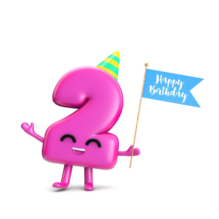 Foto feliz 2º aniversário personagem de festa fofa com chapéu e bandeira renderização em 3d
