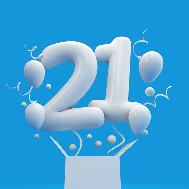 Feliz 21 cumpleaños sorpresa globo y caja 3D Rendering