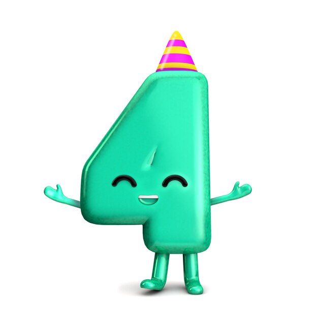 Feliz 4º cumpleaños lindo personaje de fiesta con sombrero 3D Rendering