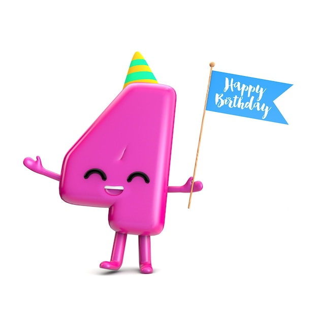 Feliz 4º cumpleaños lindo personaje de fiesta con sombrero y bandera 3D Rendering