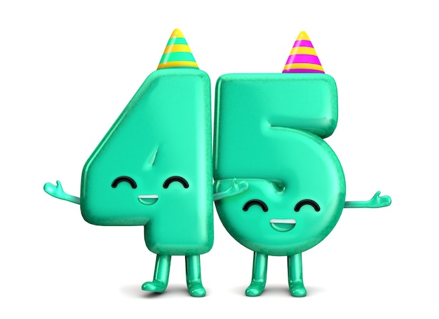 Feliz 45º aniversário personagem de festa fofa com renderização em 3D de chapéu