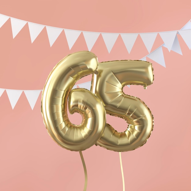 Feliz 65 cumpleaños fiesta celebración oro globo y empavesado 3D Render