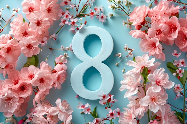 Feliz 8 de março, dia internacional da mulher, banner floral plano sobre fundo azul pastel com decoração de flores de sakura de primavera