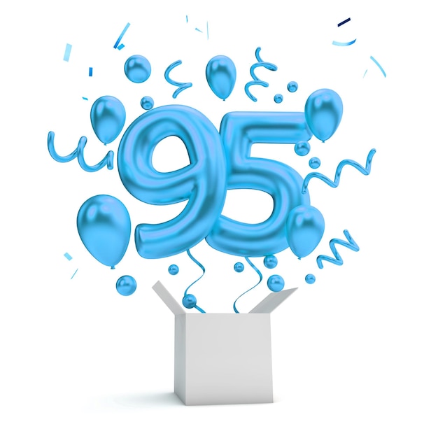 Feliz 95 cumpleaños globo sorpresa azul y caja 3D Rendering