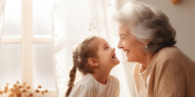 Feliz abuela de mediana edad y nieta de preescolar se ríen juntas