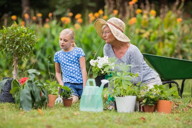 Feliz abuela con su nieta jardinería