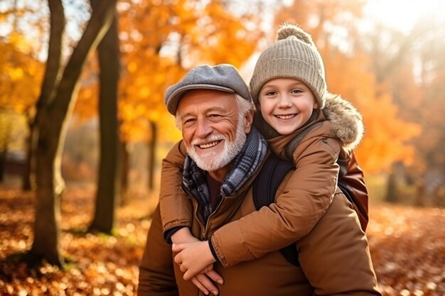 Feliz abuelo y nieto se abrazan en el paseo de otoño en el parque