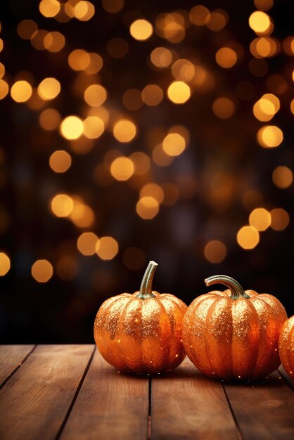 Feliz ação de graças abóboras de halloween na mesa de madeira com fundo de luzes