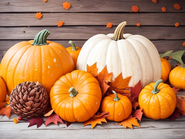 Feliz Acción de Gracias calabazas con frutas y hojas que caen en la mesa de madera rústica