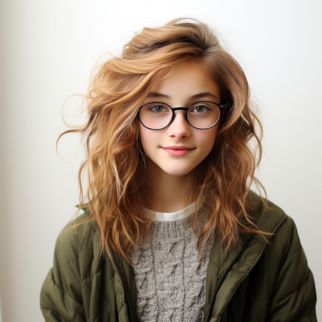 Feliz adolescente Hipster con gafas contra fondo blanco generado por IA