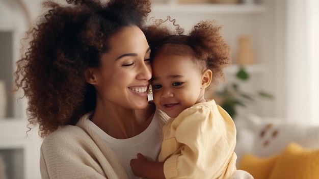 Foto feliz afetuosa jovem afro-americana mãe segurando nos braços adorável filha pequena