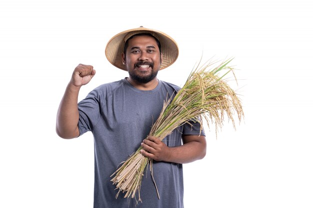 Feliz agricultor asiático con granos de arroz