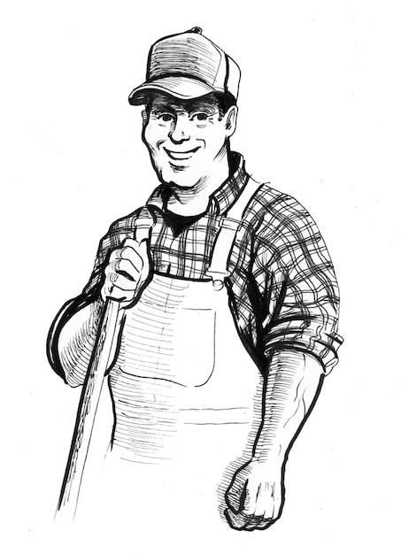 Feliz agricultor sorridente. Desenho de tinta preto e branco