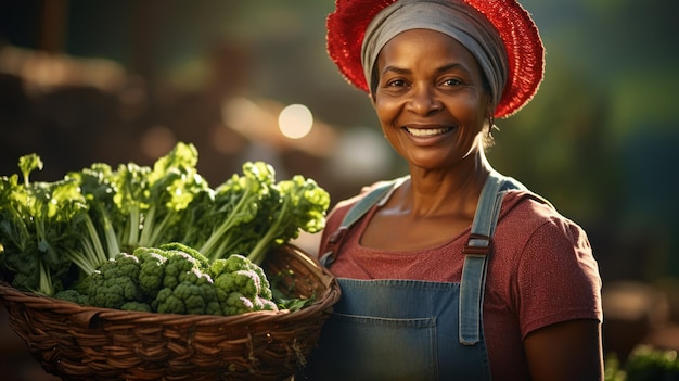 Una feliz agricultora de Afroharvest sostiene una canasta con verduras recién cosechadas y sonríe