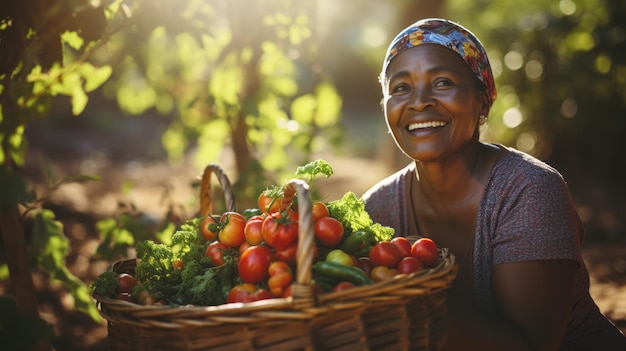 Una feliz agricultora de Afroharvest sostiene una canasta con verduras recién cosechadas y sonríe