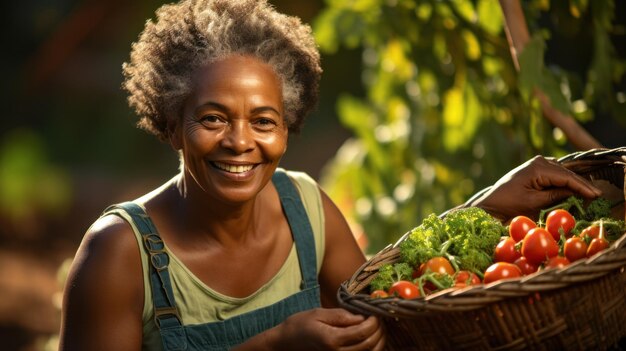 Una feliz agricultora de Afroharvest sostiene una canasta con verduras recién cosechadas y sonríe