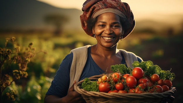 Una feliz agricultora de Afroharvest sostiene una canasta con verduras recién cosechadas y sonríe