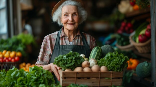 Feliz agricultora de edad avanzada que vende sus productos de verduras en el mercado o en la tienda