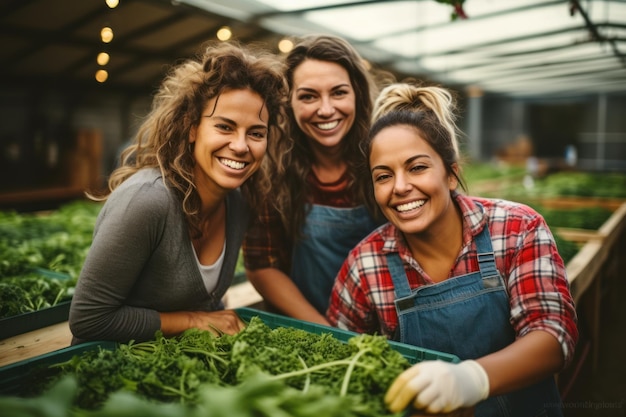 Feliz agricultora multiétnica trabalhando dentro da estufa