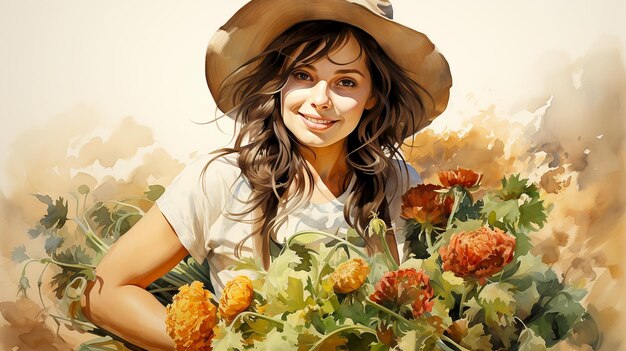 Feliz agricultora sonriente junto a sus productos orgánicos cultivados y cosechados en otoño Ilustración de productos agrícolas generada por IA