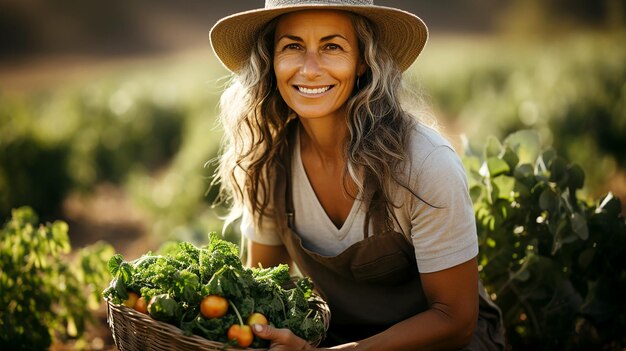 Feliz agricultora sonriente junto a sus productos orgánicos cultivados y cosechados en otoño Ilustración de productos agrícolas generada por IA