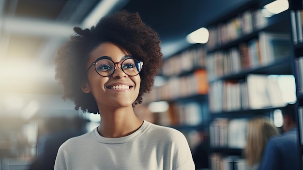 Feliz y alegre adolescente africana sonriente de cabello corto linda estudiante universitaria étnica negra con gafas mirando lejos en la moderna biblioteca del campus universitario