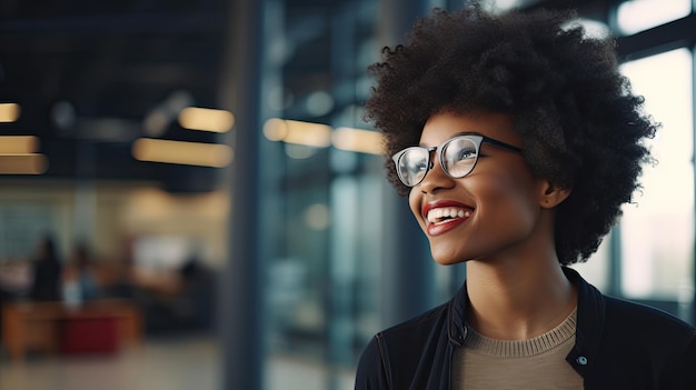 Feliz, alegre, adolescente africana sorridente, de cabelo curto, bonita, estudante universitária étnica negra com óculos, olhando para longe na moderna biblioteca do campus da universidade.