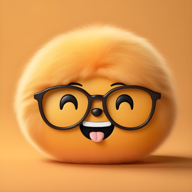 Feliz y alegre emoji esponjoso con gafas suave reacción emoji sobre fondo naranja apagado