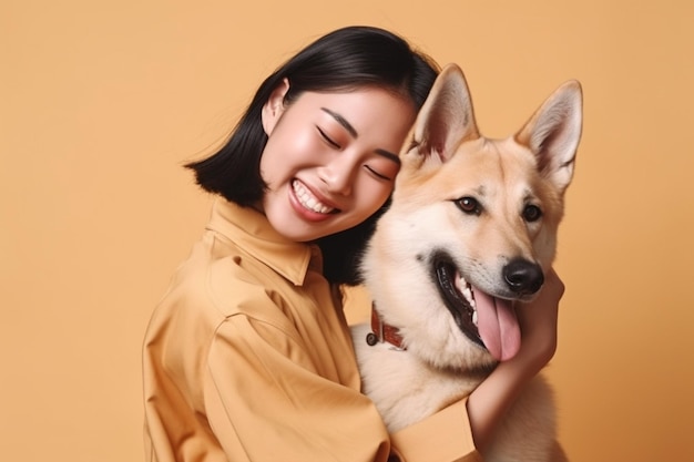 Feliz y alegre mujer asiática abraza a su perro favorito, sonríe alegremente, expresa amor y cuidado a su perro favorito, disfruta de la compañía de un animal doméstico vestido con un jersey casual aislado sobre una pared beige