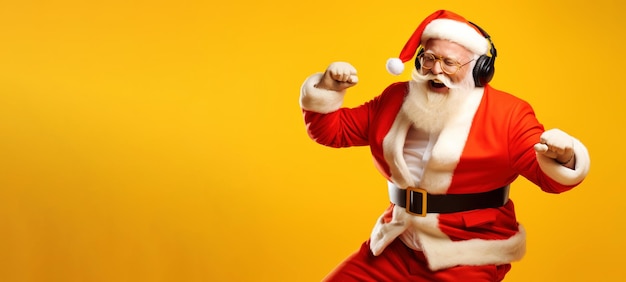 Foto feliz y alegre santa claus con auriculares bailando sobre un fondo amarillo