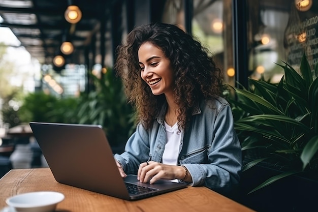 Feliz, alegre, sonriente, casual, satisfecha, mujer aprendiendo con su portátil.