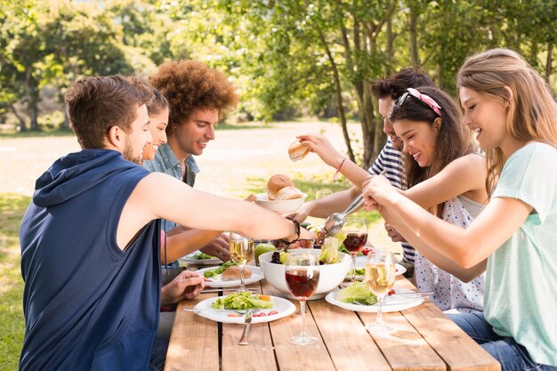 Feliz amigos no parque almoçando