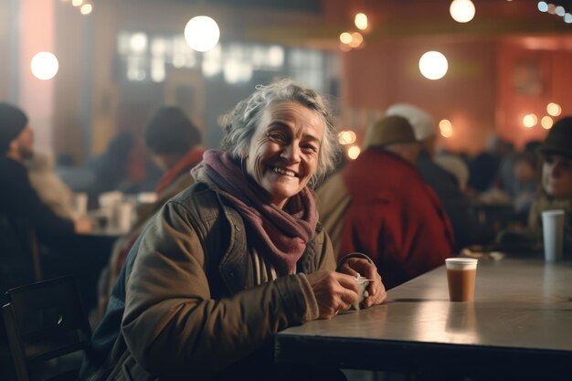 Feliz anciana sin hogar de pelo blanco plateado sentada en una mesa en una cena de caridad en un refugio