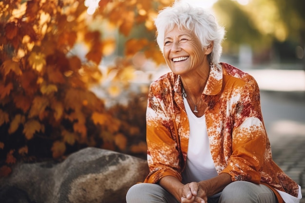 Feliz anciana sentada afuera y sonriendo