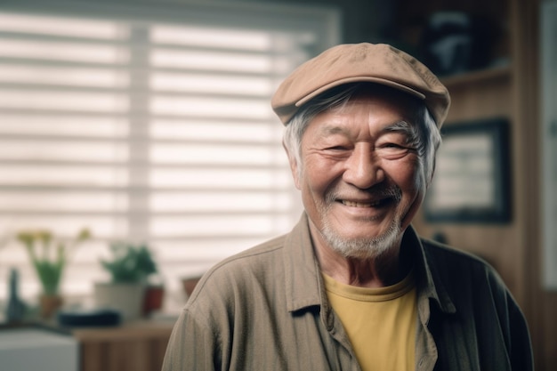 Feliz anciano escandinavo en casa sonriendo mirando a la cámara AI generativa AIG20