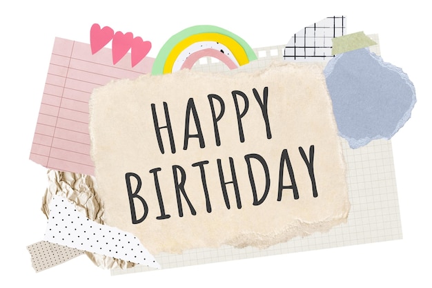 Feliz aniversário adesivo de palavra png tipografia estética colagem de papel fundo transparente